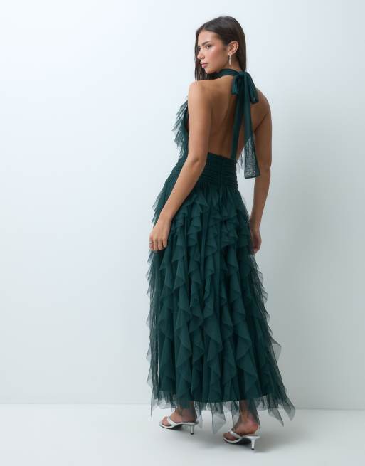 Lace & Beads tule halter maxi-jurk met ruchedetails en lagen in donkergroen, 5 van 5