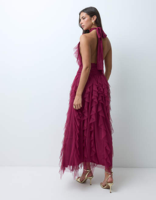 Lace & Beads tule halter maxi jurk met ruches en laagjes in donkerroze, 5 van 5