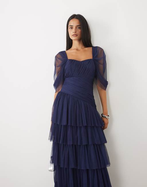 Lace & Beads tule maxi jurk met blote schouders, asymmetrische ruches in navy, 3 van 4