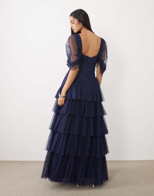 Lace & Beads tule maxi jurk met blote schouders, asymmetrische ruches in navy, 4 van 4