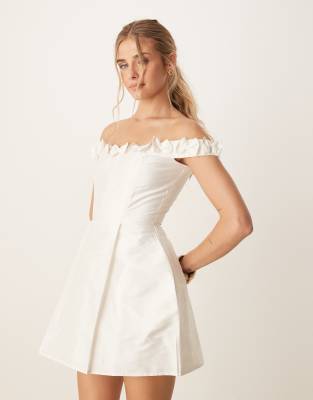 tulle applique jacquard mini dress in ivory-White