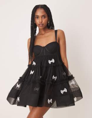 Lace & Beads tulle applique mini dress in black - view 1