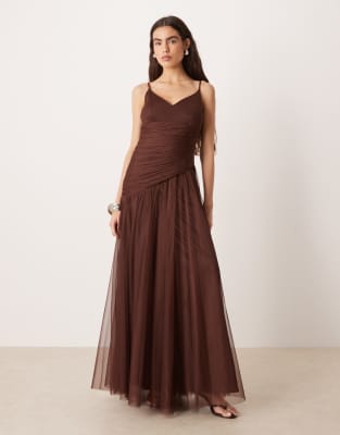 Lace & Beads Tulle Asymmetric Drop Waist Maxi Dress In Brown