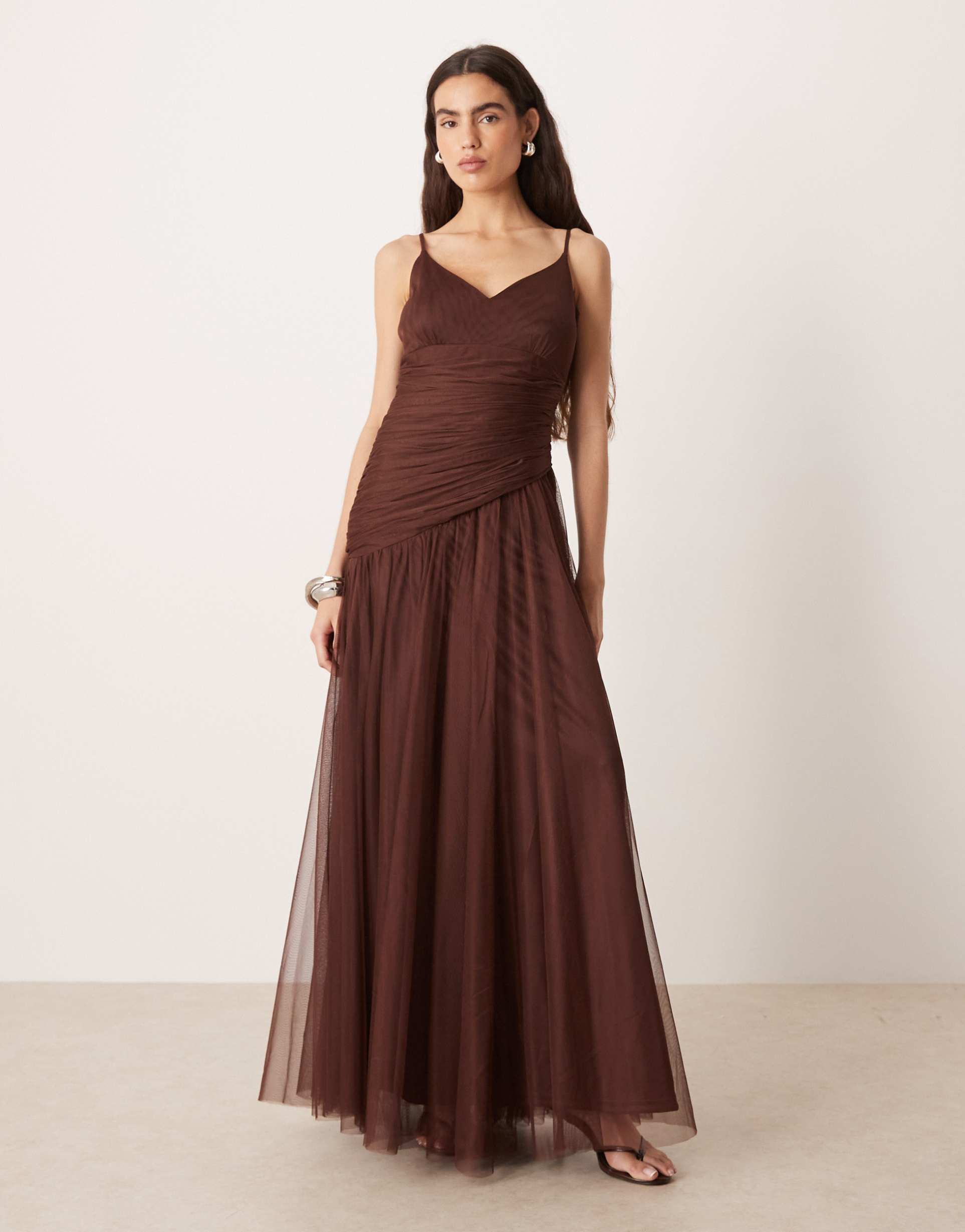 lace & beads tulle asymmetric drop waist maxi dress in chocolate brown