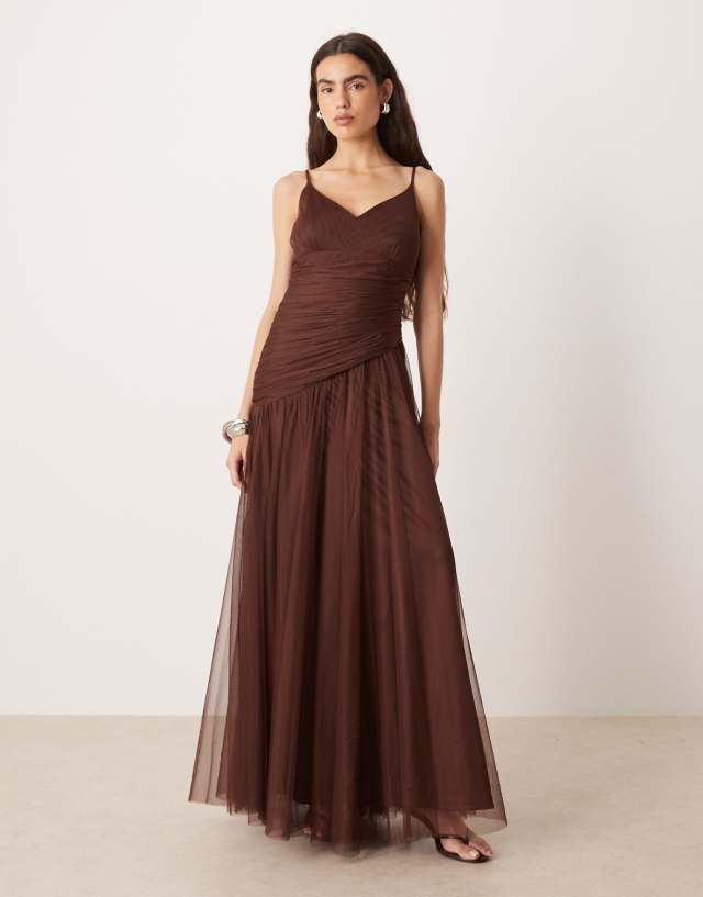 Lace & Beads tulle asymmetric drop waist maxi dress in chocolate