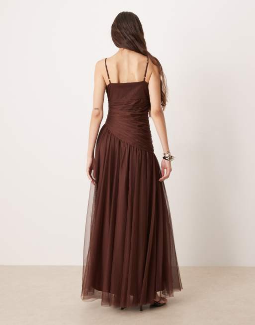 Lace & Beads tulle asymmetric drop waist maxi dress in chocolate brown, 3 of 4
