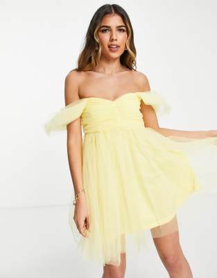 Lace & Beads Tulle Babydoll Mini Dress In Yellow