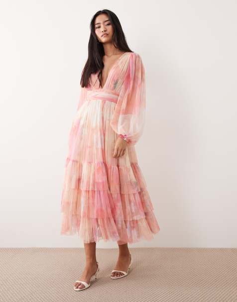 Lace & Beads tulle balloon sleeve plunge neck tiered midaxi dress in pink floral print - view 1