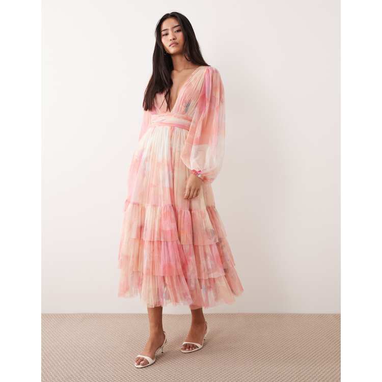 Lace & Beads tulle balloon sleeve plunge neck tiered midaxi dress in pink floral  print | ASOS