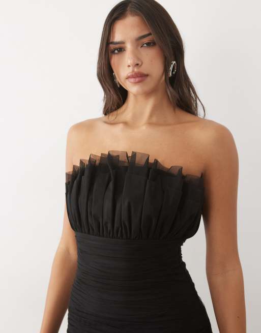 Lace & Beads tulle bandeau drop waist mini dress in black, 3 of 4