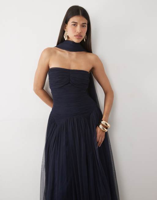 Lace & Beads tulle bandeau-kjole med formet linning og tørklædedetalje i navy, 2 af 4