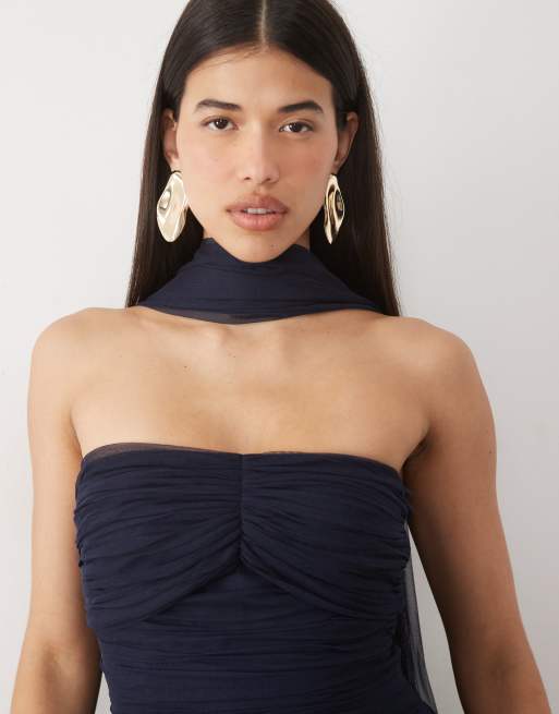 Lace & Beads tulle bandeau-kjole med formet linning og tørklædedetalje i navy, 3 af 4