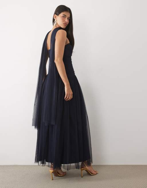 Lace & Beads tulle bandeau-kjole med formet linning og tørklædedetalje i navy, 4 af 4