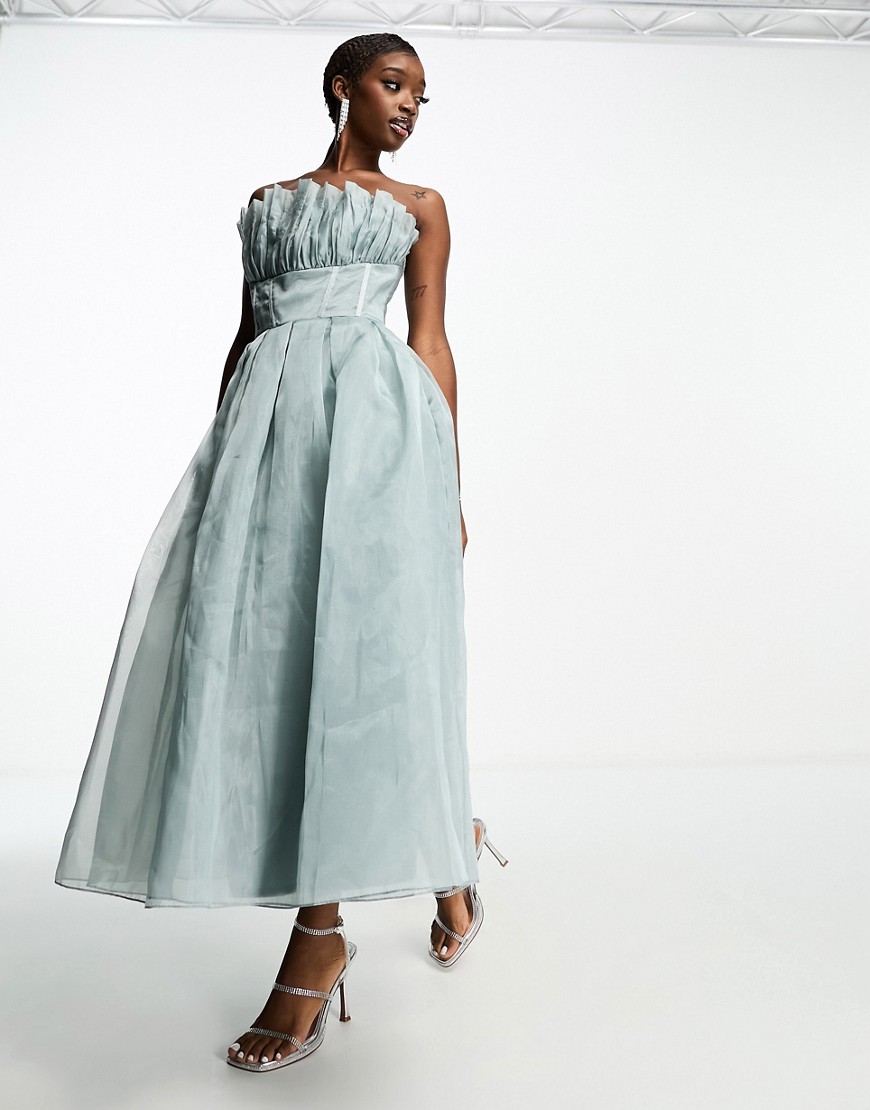 tulle bandeau maxi dress with corset waist in dusty blue