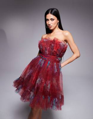 tulle bandeau mini dress in burgundy floral-Red