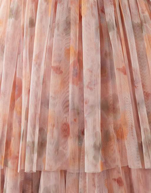 Lace & Beads tulle bandeau ruched tiered maxi dress in pink floral, 3 of 4