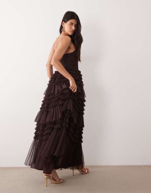 Lace & Beads tulle bandeau ruffle maxi dress in chocolate, 3 of 4