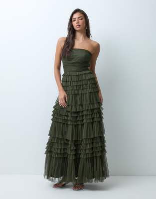 Lace & Beads Tulle Bandeau Tiered Ruffle Maxi Dress In Green