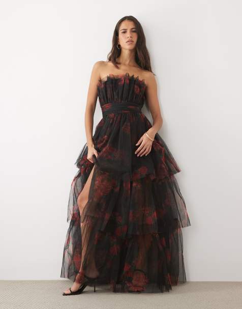 Lace & Beads tulle bandeau ruffle tiered maxi dress in black floral