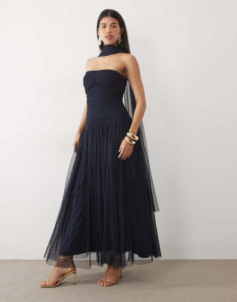 Lace & Beads tulle bandeau shaped waistband scarf detail maxi dress in navy - view 1