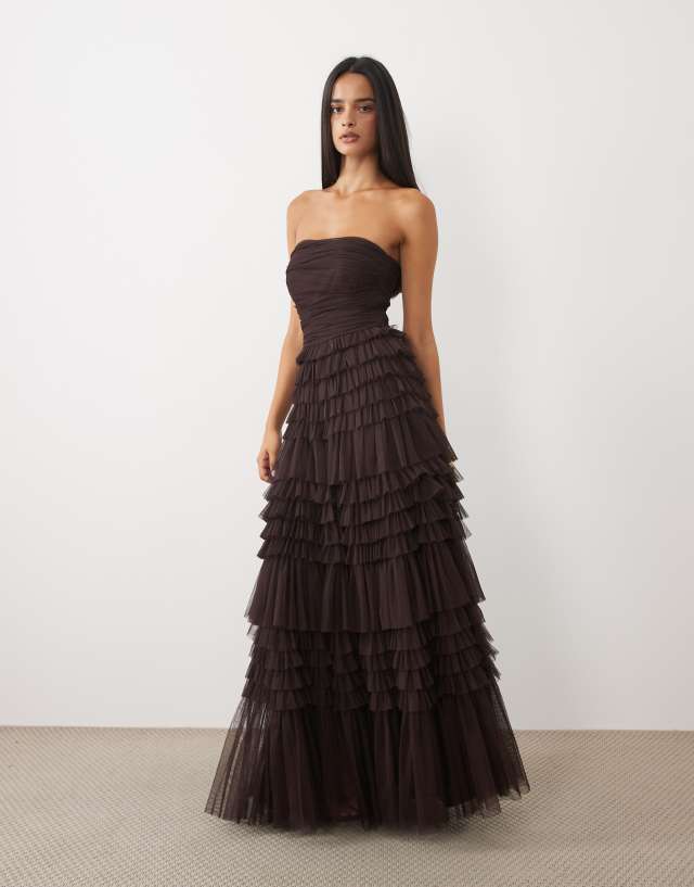 Lace & Beads tulle bandeau tiered maxi dress in chocolate plum | ASOS