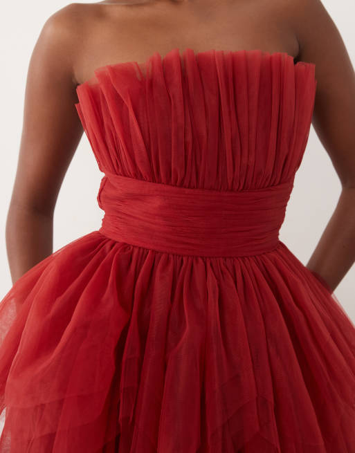 Lace & Beads tulle bandeau tiered maxi dress in red, 3 of 4