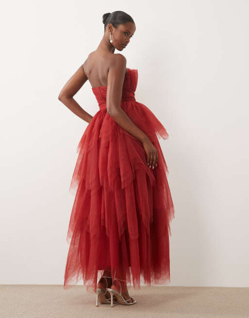 Lace & Beads tulle bandeau tiered maxi dress in red, 4 of 4