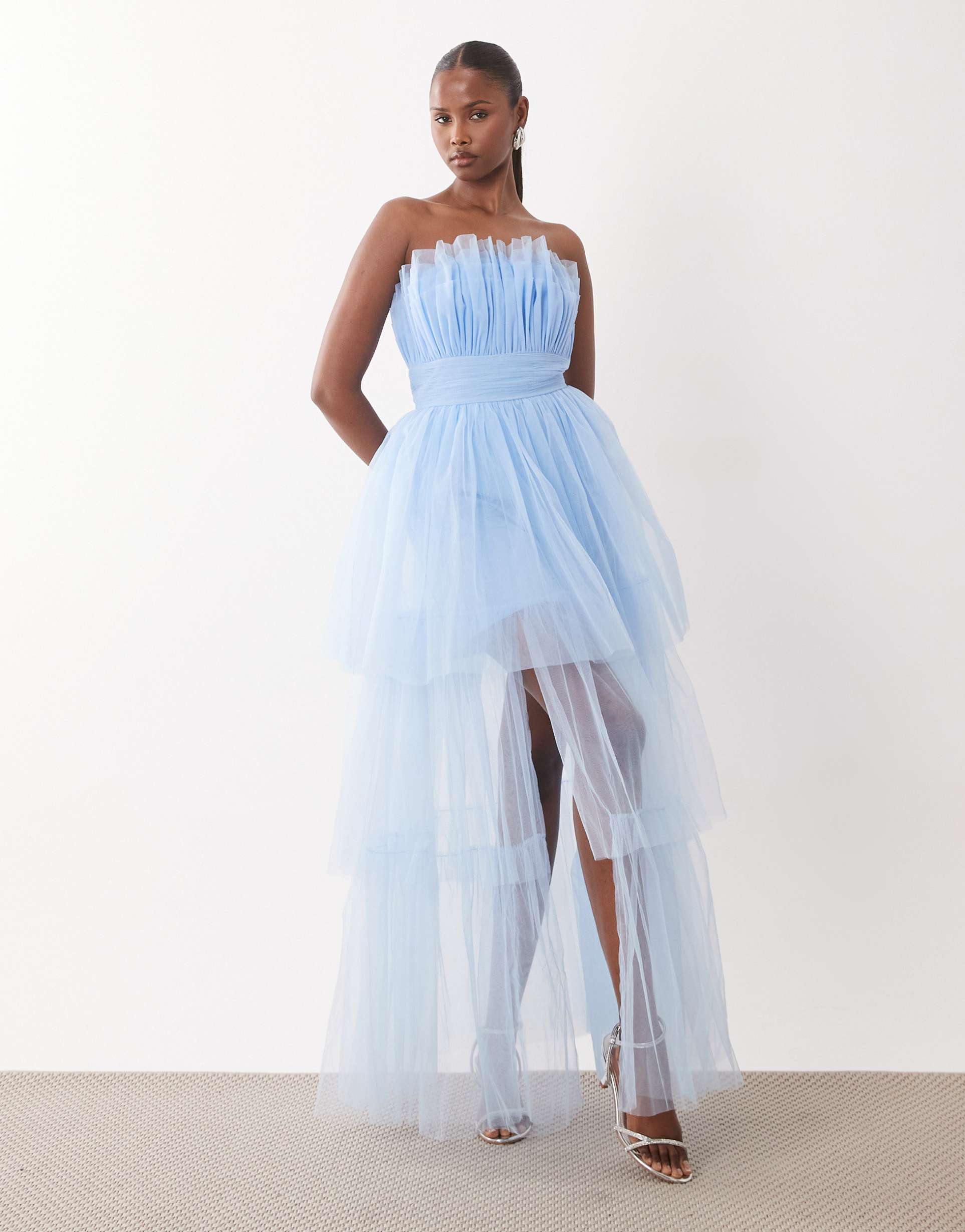 lace & beads tulle bandeau tiered maxi dress in soft blue
