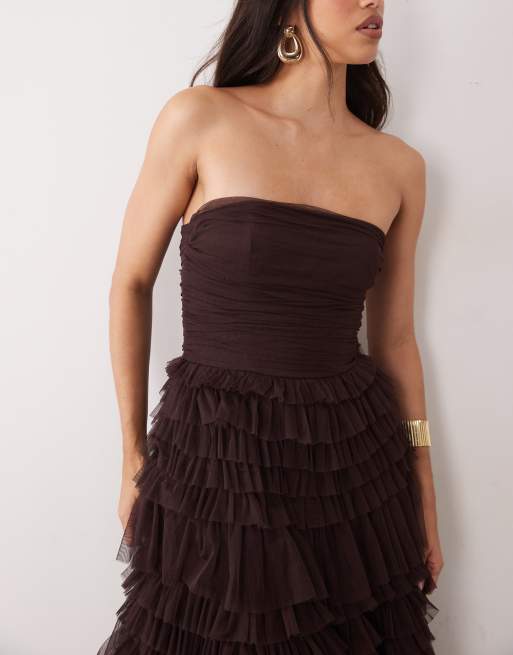 Lace & Beads tulle bandeau tiered ruffle maxi dress in chocolate, 2 of 4