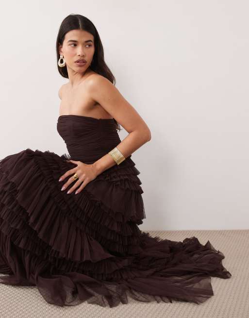 Lace & Beads tulle bandeau tiered ruffle maxi dress in chocolate, 4 of 4