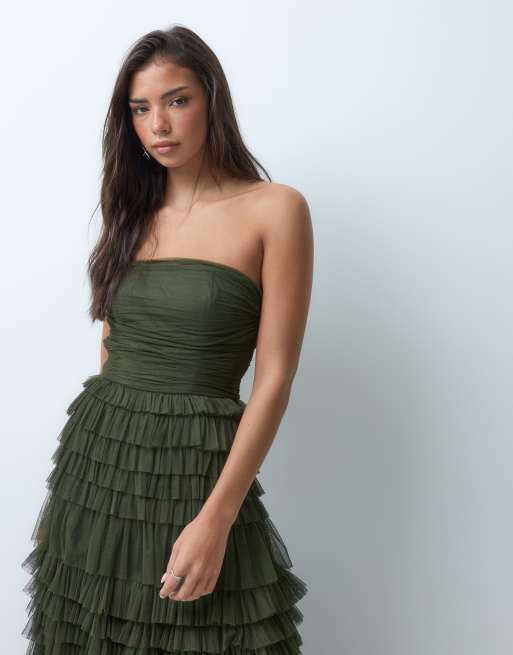 Lace & Beads tulle bandeau tiered ruffle maxi dress in dark olive, 2 of 5