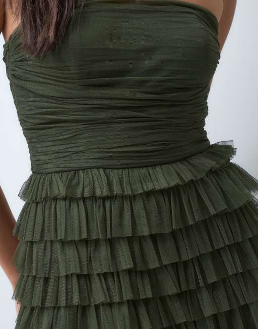 Lace & Beads tulle bandeau tiered ruffle maxi dress in dark olive, 4 of 5