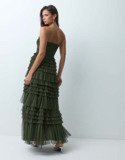 Lace & Beads tulle bandeau tiered ruffle maxi dress in dark olive, 5 of 5