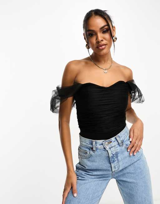 Lace & Beads tulle bardot bodysuit in black | ASOS