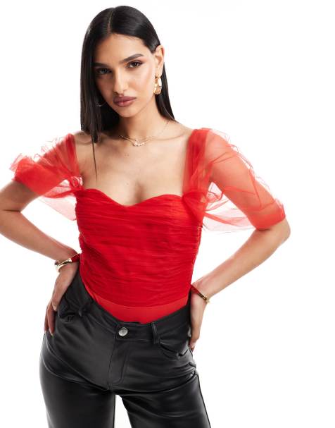 Lace & Beads tulle bardot bodysuit in red - view 1
