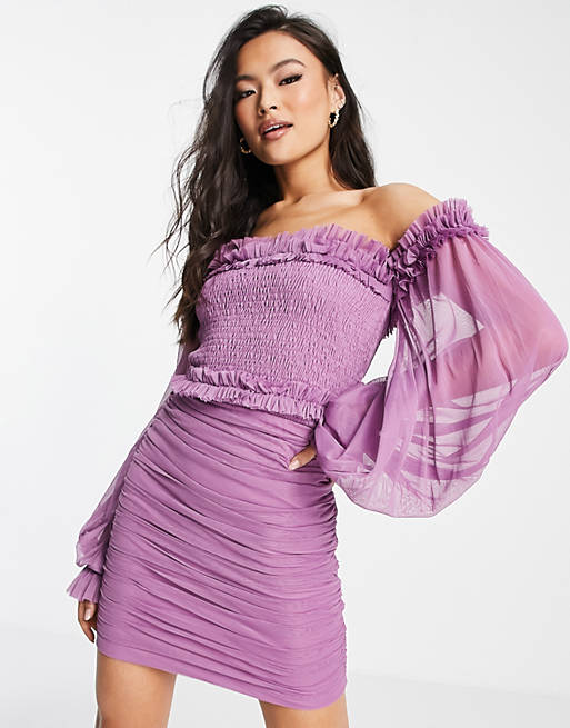 Lace & Beads tulle bodycon bardot mini dress in purple