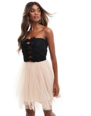 tulle bow mini dress in monochrome-White