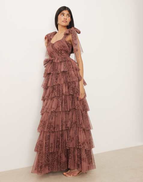 Lace & Beads tulle bow shoulder midi dress in brown abstract animal - view 1