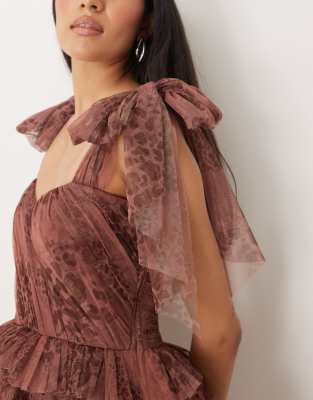 Lace & Beads Tulle Bow Shoulder Midi Dress In Multi