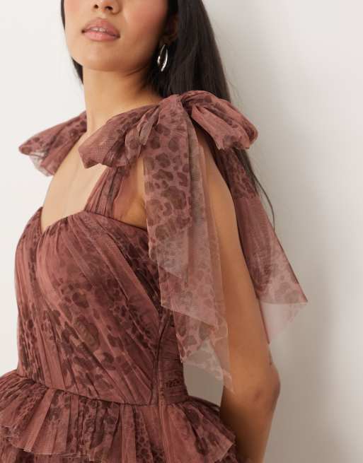 Lace & Beads tulle bow shoulder midi dress in brown abstract animal, 2 of 4