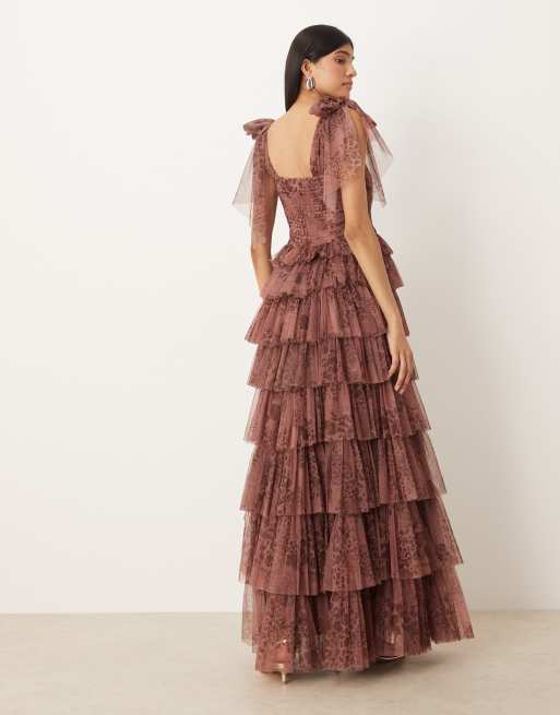 Lace & Beads tulle bow shoulder midi dress in brown abstract animal, 3 of 4