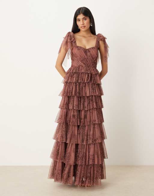 Lace & Beads tulle bow shoulder midi dress in brown abstract animal, 4 of 4