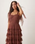 [Lace & Beads] Lace & Beads tulle bow shoulder midi dress in rose brown 10 Rose brown