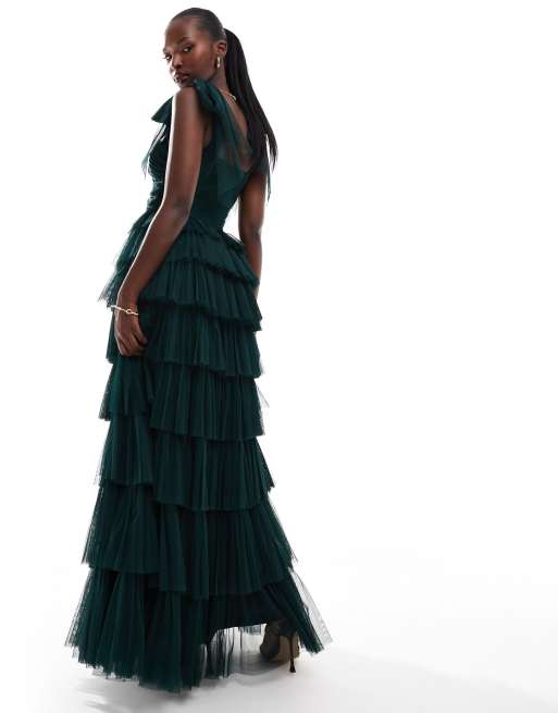 Lace & Beads tulle bow shoulder ruffle maxi dress in emerald, 2 of 4