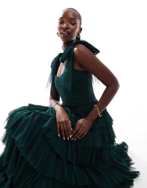 Lace & Beads tulle bow shoulder ruffle maxi dress in emerald, 3 of 4