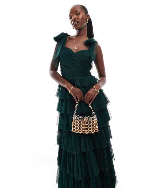 Lace & Beads tulle bow shoulder ruffle maxi dress in emerald, 4 of 4