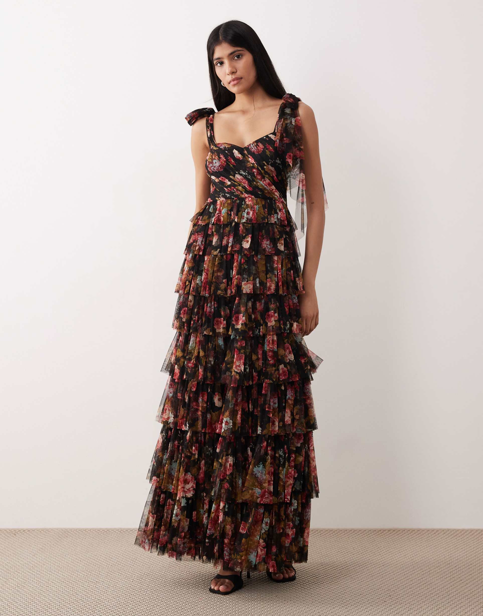 lace & beads tulle bow shoulder tiered maxi dress in black floral print