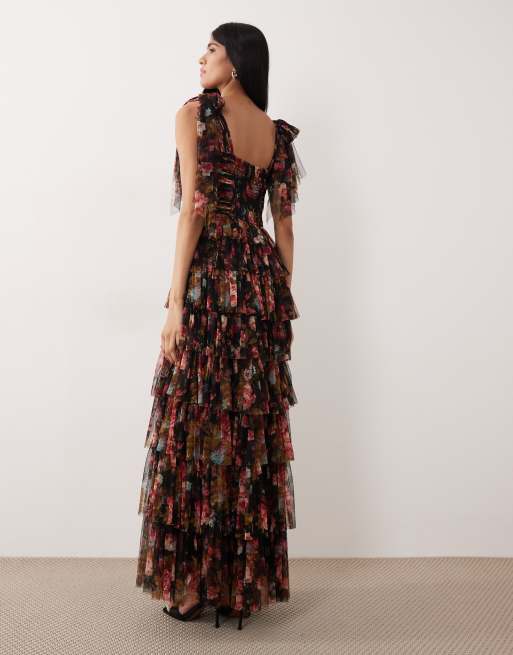 Lace & Beads tulle bow shoulder tiered maxi dress in black floral print, 2 of 4