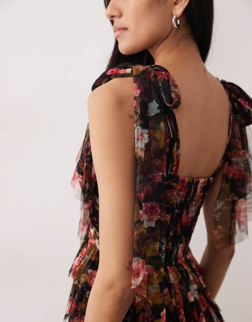 Lace & Beads tulle bow shoulder tiered maxi dress in black floral print, 3 of 4