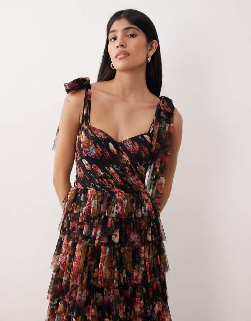 Lace & Beads tulle bow shoulder tiered maxi dress in black floral print, 4 of 4